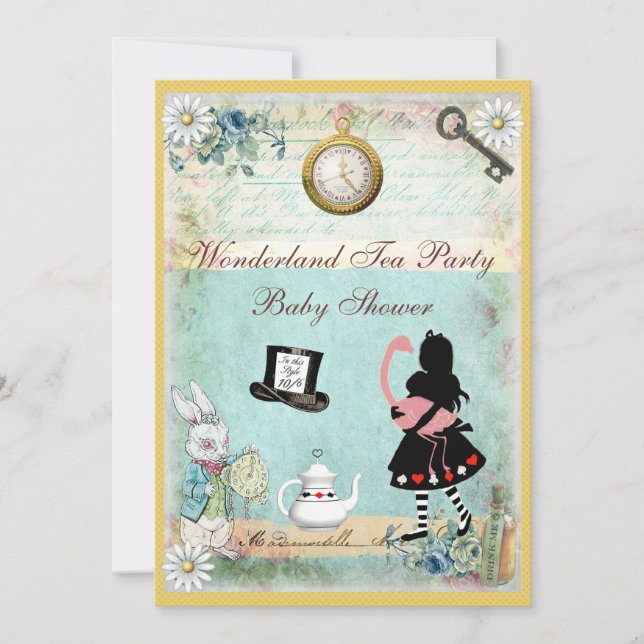 Alice & Flamingo Wonderland Baby Shower Tea Party Invitation (Front)