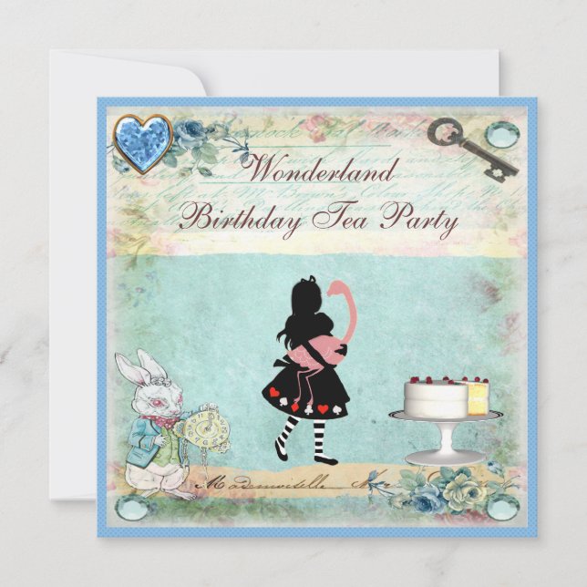 Alice & Flamingo Wonderland Birthday Tea Party Invitation (Front)