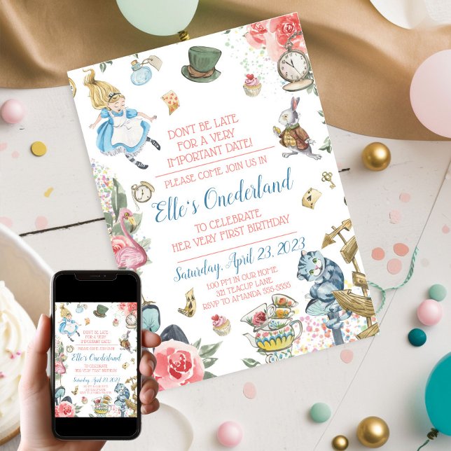Alice in Onederland 1st Birthday Party Invitation (Alice in Onederland First Birthday Party Invitation. Available as Instant download)