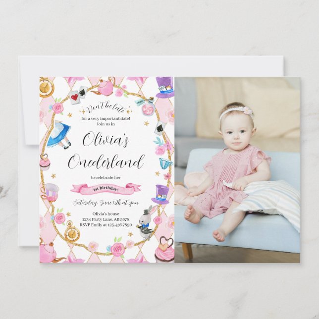 Alice in Onederland 1st Birthday Pink Photo Invitation (Front)