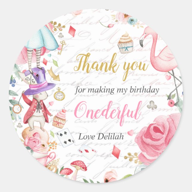 Alice in Onederland 1st Birthday Tea Party Favour Classic Round Sticker (Front)