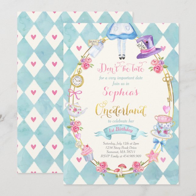 Alice In ONEderland Birthday Invitation Tea Party (Front/Back)