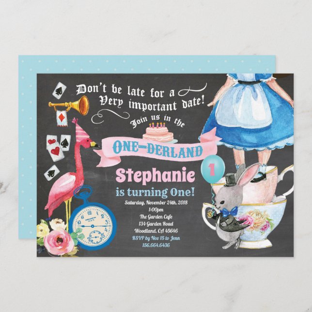 Alice in ONEderland birthday tea party chalkboard Invitation (Front/Back)