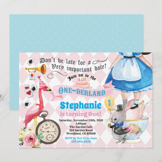 Alice in ONEderland birthday tea party pink Invitation (Front/Back)