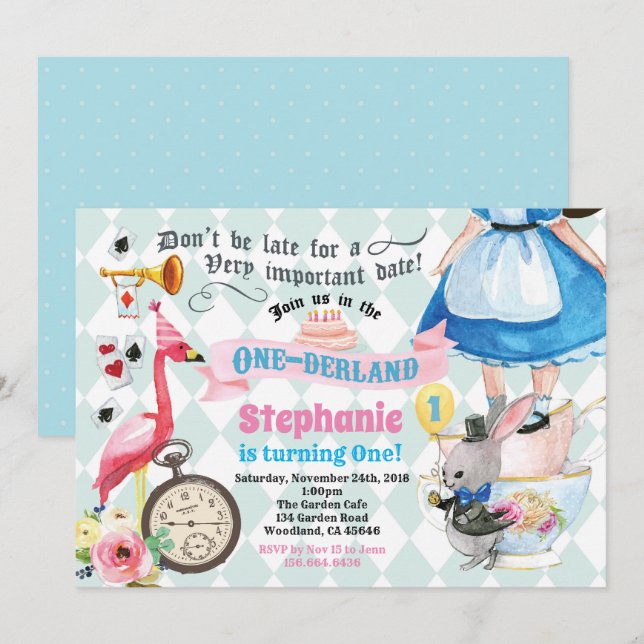 Alice in ONEderland birthday tea party pink Invitation (Front/Back)