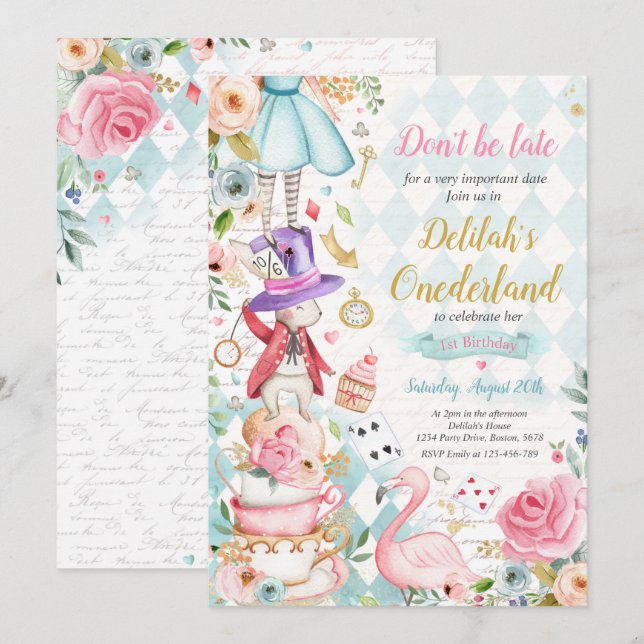 Alice In ONEderland Birthday Whimsical Tea Party  Invitation (Front/Back)