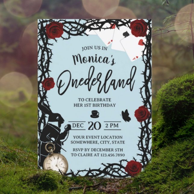 Alice in Onederland Blue Cute Girl 1st Birthday Invitation (Creator Uploaded)