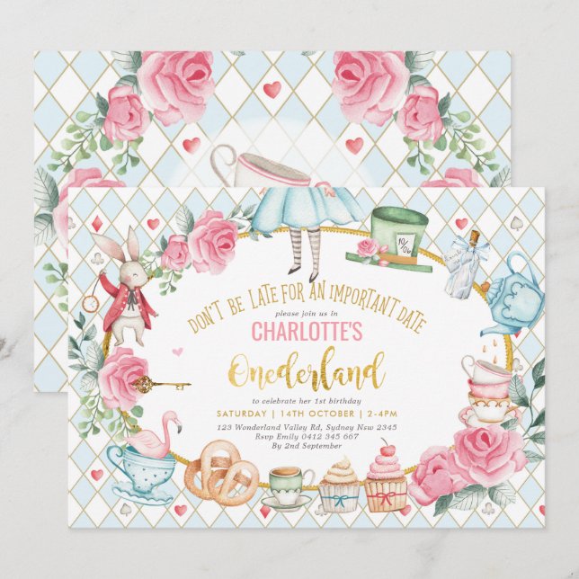 Alice in Onederland Blue Pink Birthday Tea Party Invitation (Front/Back)