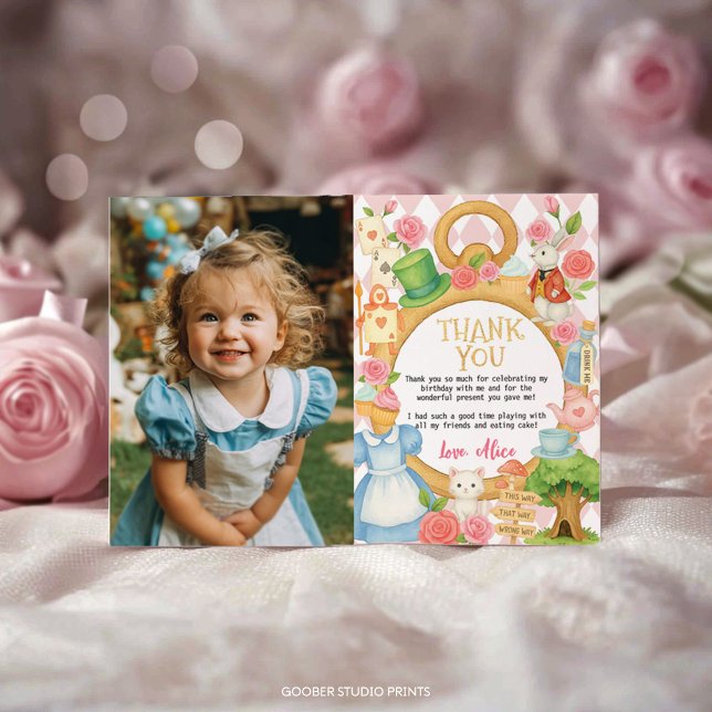 Alice in Onederland Tea Party Birthday Photo Thank You Card (Creator Uploaded)