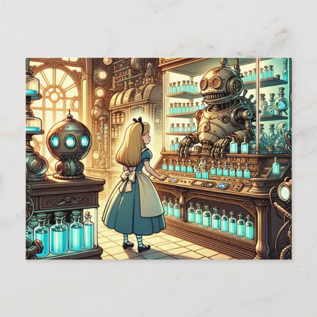 Alice in the Steampunk Apothecary Postcard (Front)