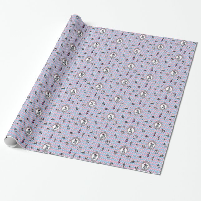 Alice in Winter Wonderland on Pink/Blue Background Wrapping Paper (Unrolled)