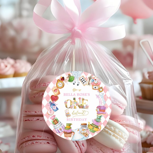 Alice in Wonderland 1st birthday Pink  Classic Round Sticker (Creator Uploaded)