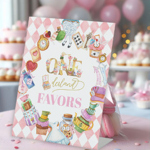 Alice in Wonderland 1st birthday Pink Favours Pedestal Sign