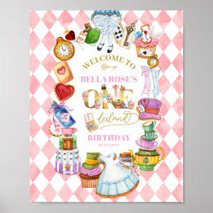 Alice in Wonderland 1st birthday Pink Welcome Poster