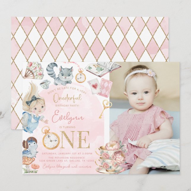 Alice In Wonderland 1st Birthday Tea Party Invitation (Front/Back)