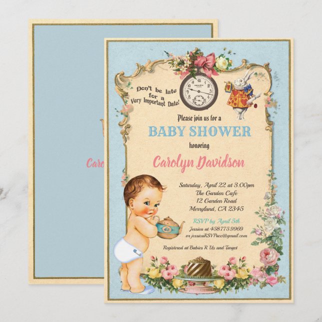 Alice in Wonderland Baby Boy Shower blue Invitation (Front/Back)