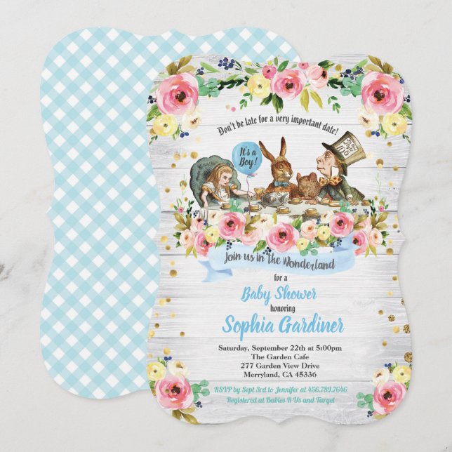 Alice in Wonderland baby boy shower invitation (Front/Back)