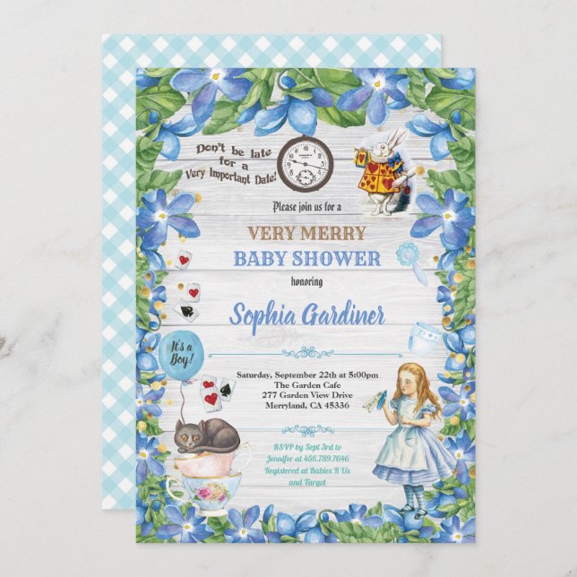 Alice in Wonderland baby BOY shower invitation (Front/Back)