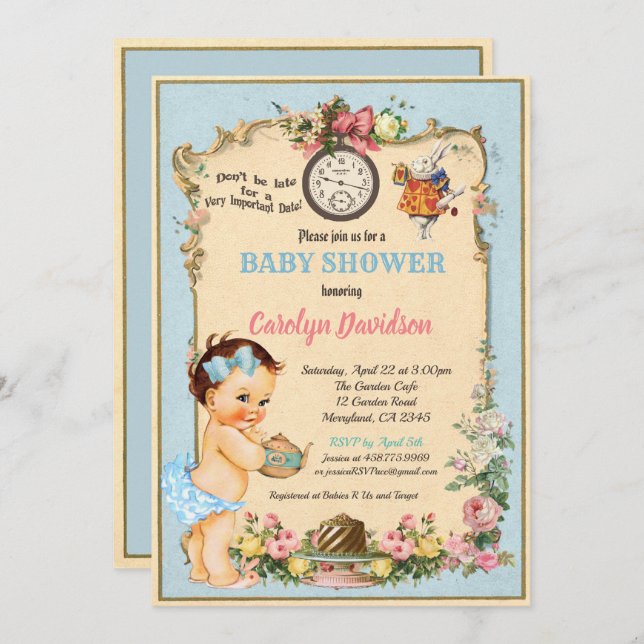 Alice in Wonderland Baby Girl Shower Invitation (Front/Back)