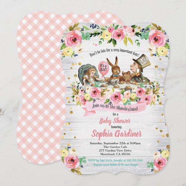 Alice in Wonderland baby girl shower invitation (Front/Back)