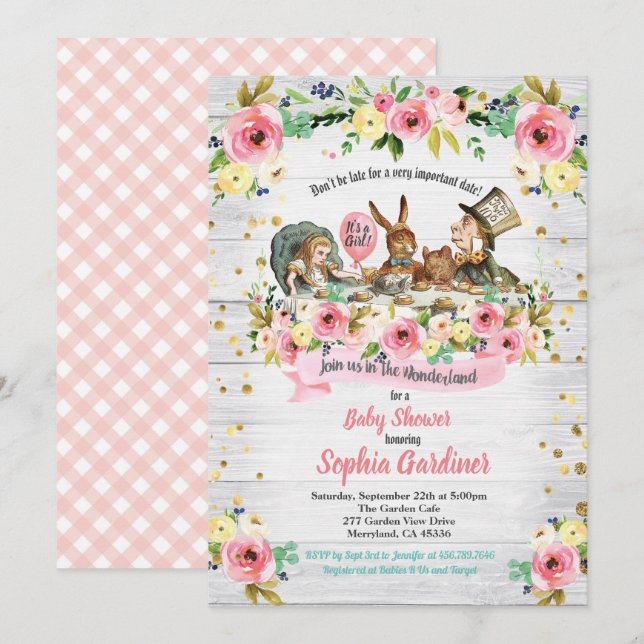 Alice in Wonderland baby girl shower invitation (Front/Back)