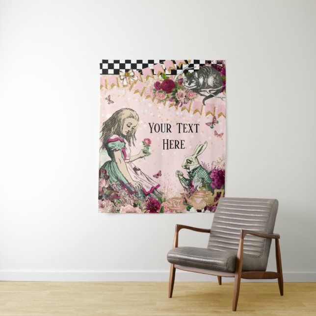 Alice in Wonderland Baby Shower Backdrop Banner Tapestry (In Situ)