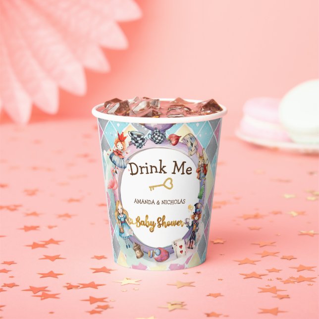 Alice in wonderland baby shower drink me paper cups (Insitu)
