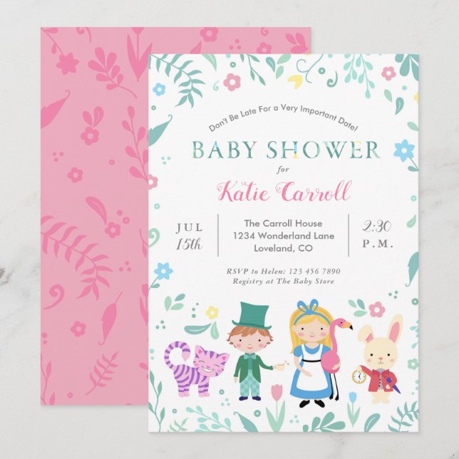 Alice in Wonderland Baby Shower Invitations | Pink (Front/Back)