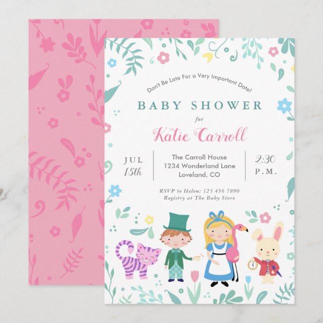 Alice in Wonderland Baby Shower Invitations | Pink (Front/Back)