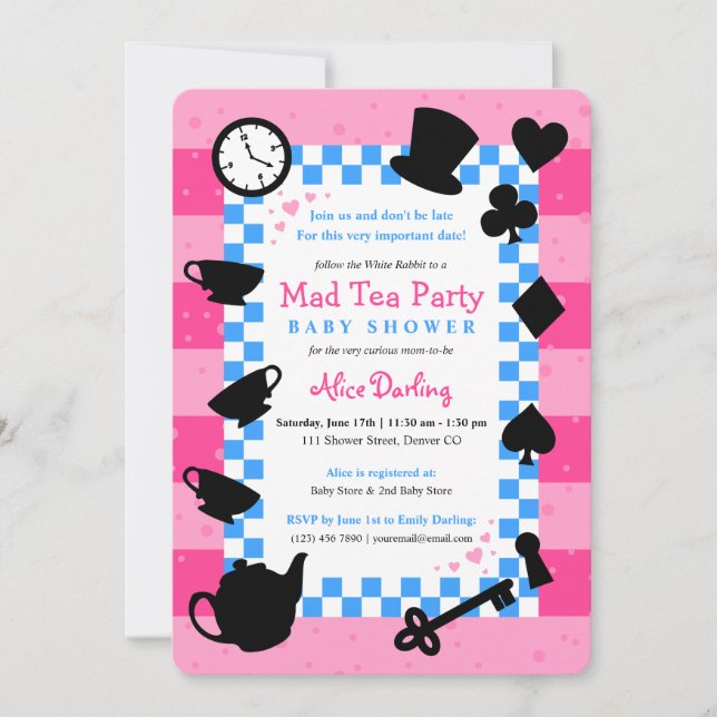Alice in Wonderland Baby Shower Invitations | Pink (Front)