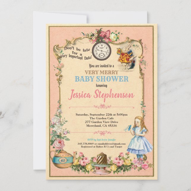 Alice in Wonderland baby shower pink coral Invitation (Front)