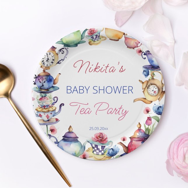 Alice in wonderland baby shower tea party tablewar paper plate (Alice in wonderland bridal shower tea party tableware personalized paper plates whimsical tea cups)