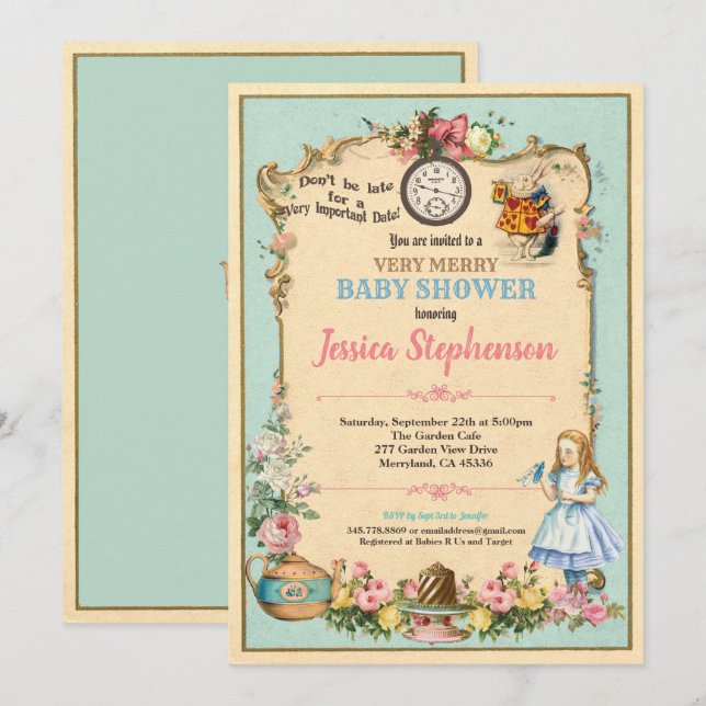 Alice in Wonderland baby shower turqoise teal Invitation (Front/Back)