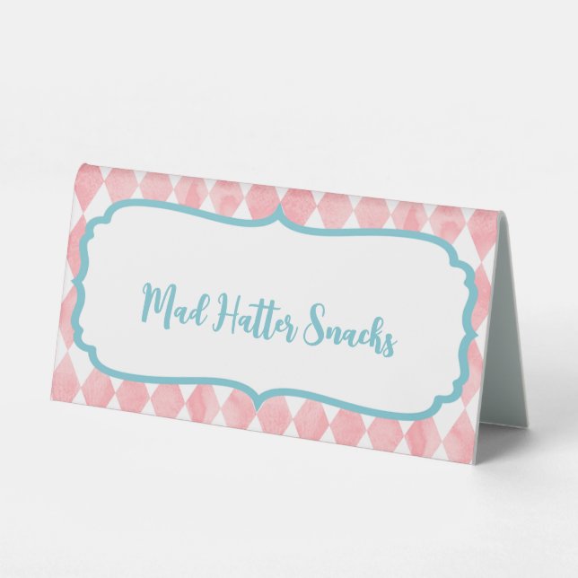 Alice in Wonderland Birthday Food Tent Cards Plaid (Front)