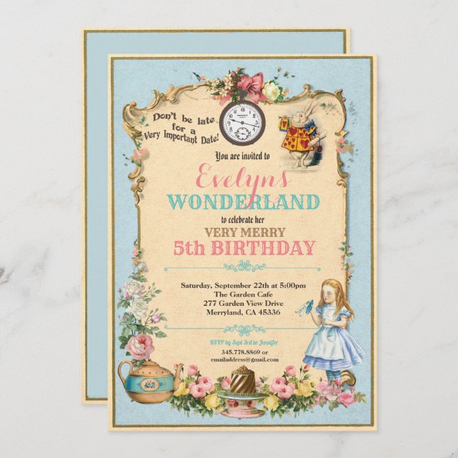 Alice in Wonderland birthday invitaion blue Invitation (Front/Back)