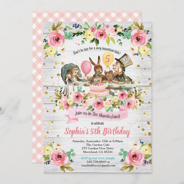 Alice in Wonderland birthday invitaion floral Invitation (Front/Back)