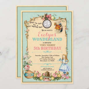 Alice in Wonderland birthday invitaion turquoise Invitation