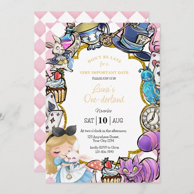 Alice in wonderland Birthday invitation (Front/Back)