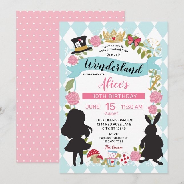 Alice In Wonderland Birthday Invitation Blue/Pink (Front/Back)