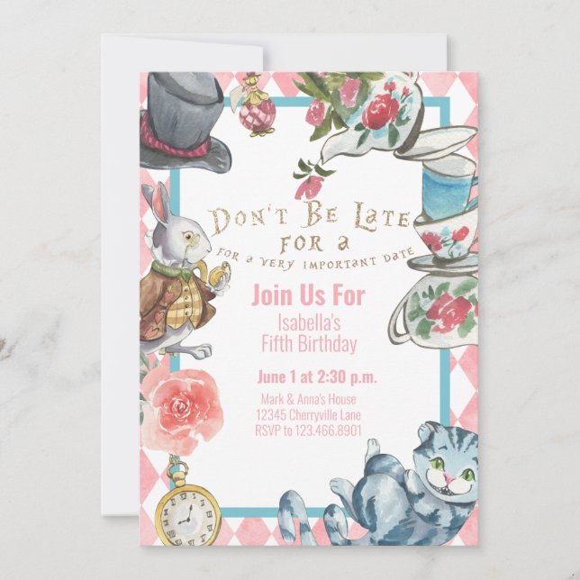 Alice in Wonderland Birthday Invitation Watercolor (Front)
