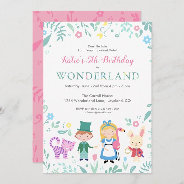 Alice in Wonderland Birthday Party Invitation (Front/Back)