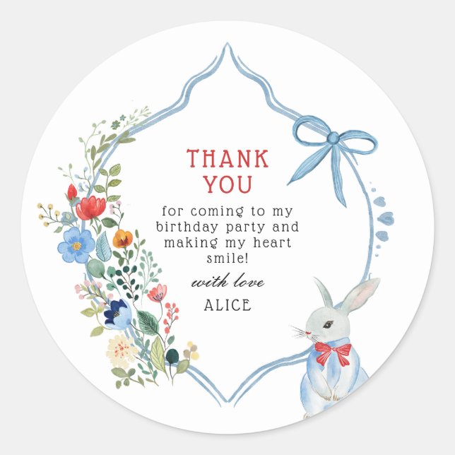 Alice in Wonderland Birthday Party Thank You Favou Classic Round Sticker (Front)