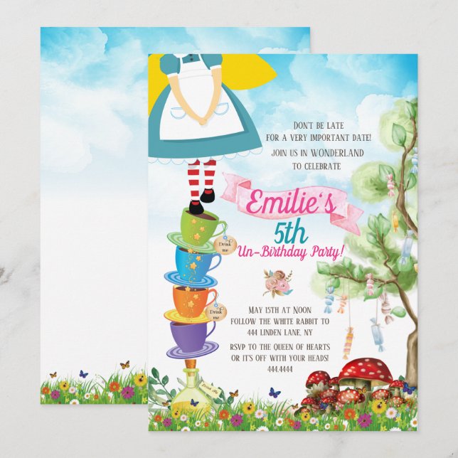 Alice in Wonderland Birthday Party Watercolor Invitation (Front/Back)