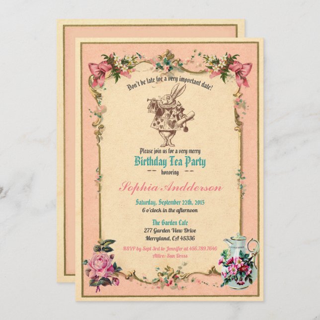 Alice in Wonderland birthday tea party invitation (Front/Back)