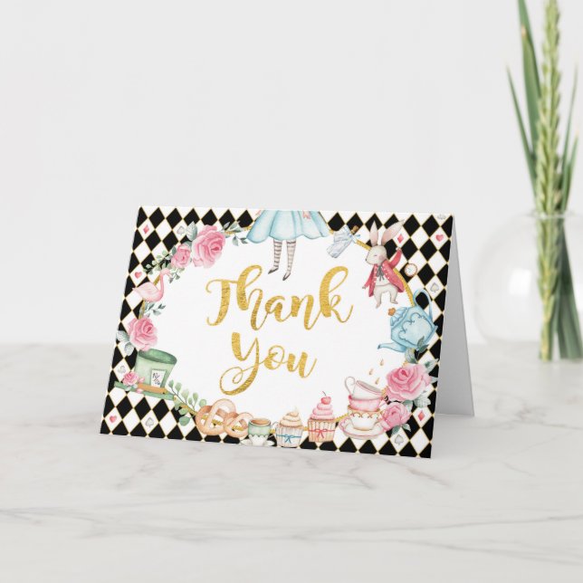 Alice in Wonderland Black Gold Birthday Tea Party Thank You Card (Front)