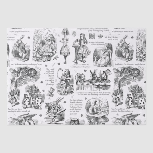 Alice in Wonderland Black White Toile Quotes Tissue Paper (Front)