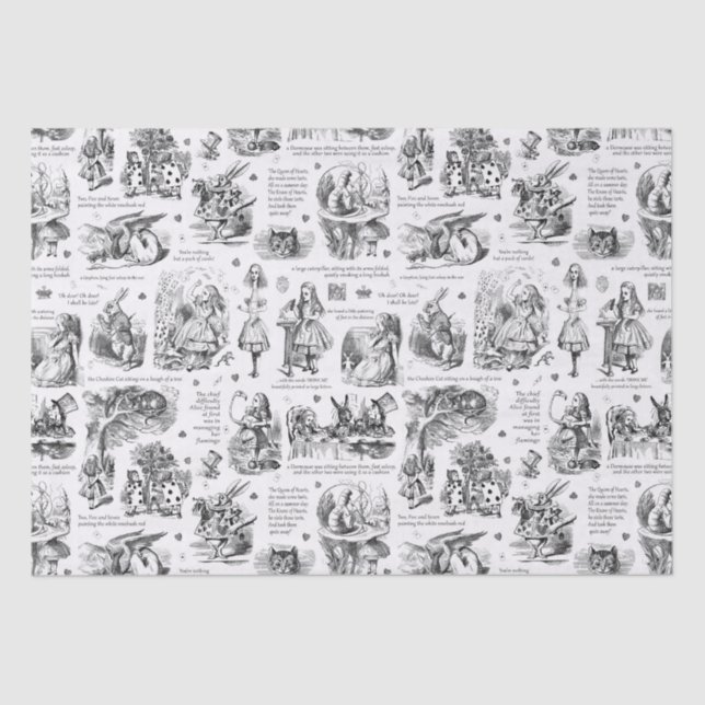 Alice in Wonderland Black White Toile Quotes Tissue Paper (Front)