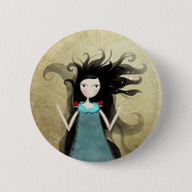 Alice in wonderland blue dress red flowers  Button (Front)