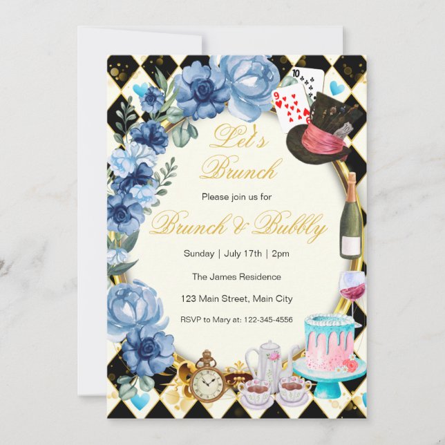 Alice In Wonderland Blue Floral Brunch Invitation (Front)