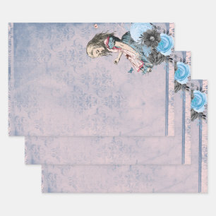 Alice in Wonderland Blue Floral Decoupage Wrapping Paper Sheet